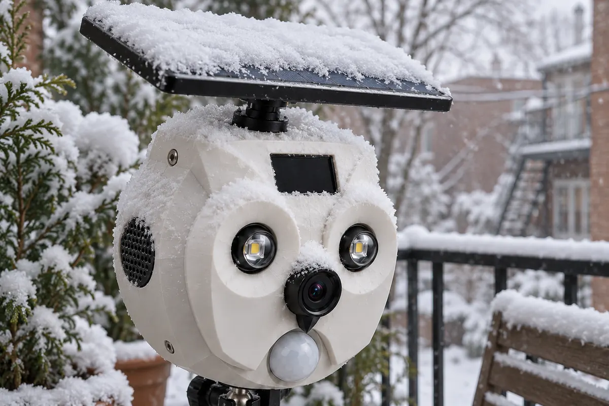 Close-up of the BalconyPatrol enclosure and its solar panel under fresh snow on a balcony railing