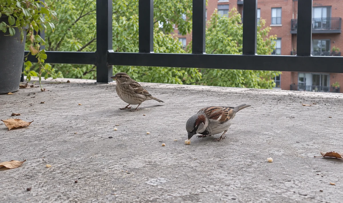 Deux moineaux domestiques sur le sol d’un balcon, l’un picorant une miette