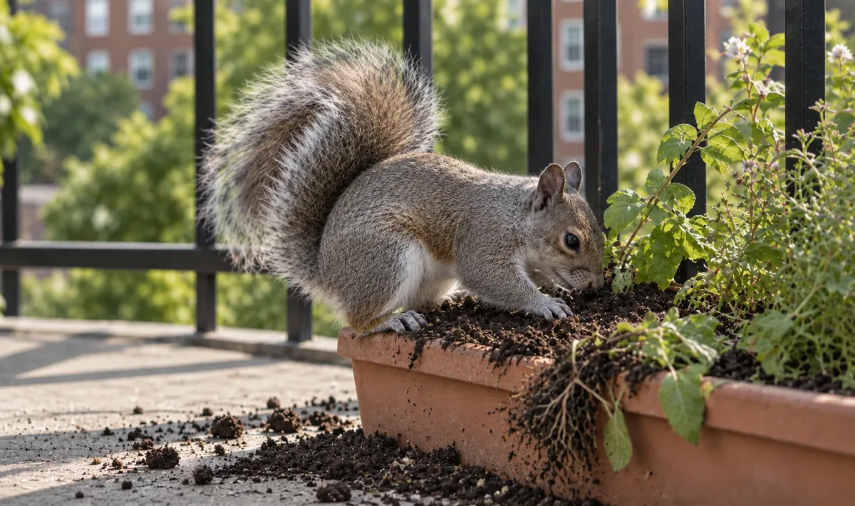 Écureuil gris qui creuse dans une jardinière de balcon, renversant la terre et déracinant une plante