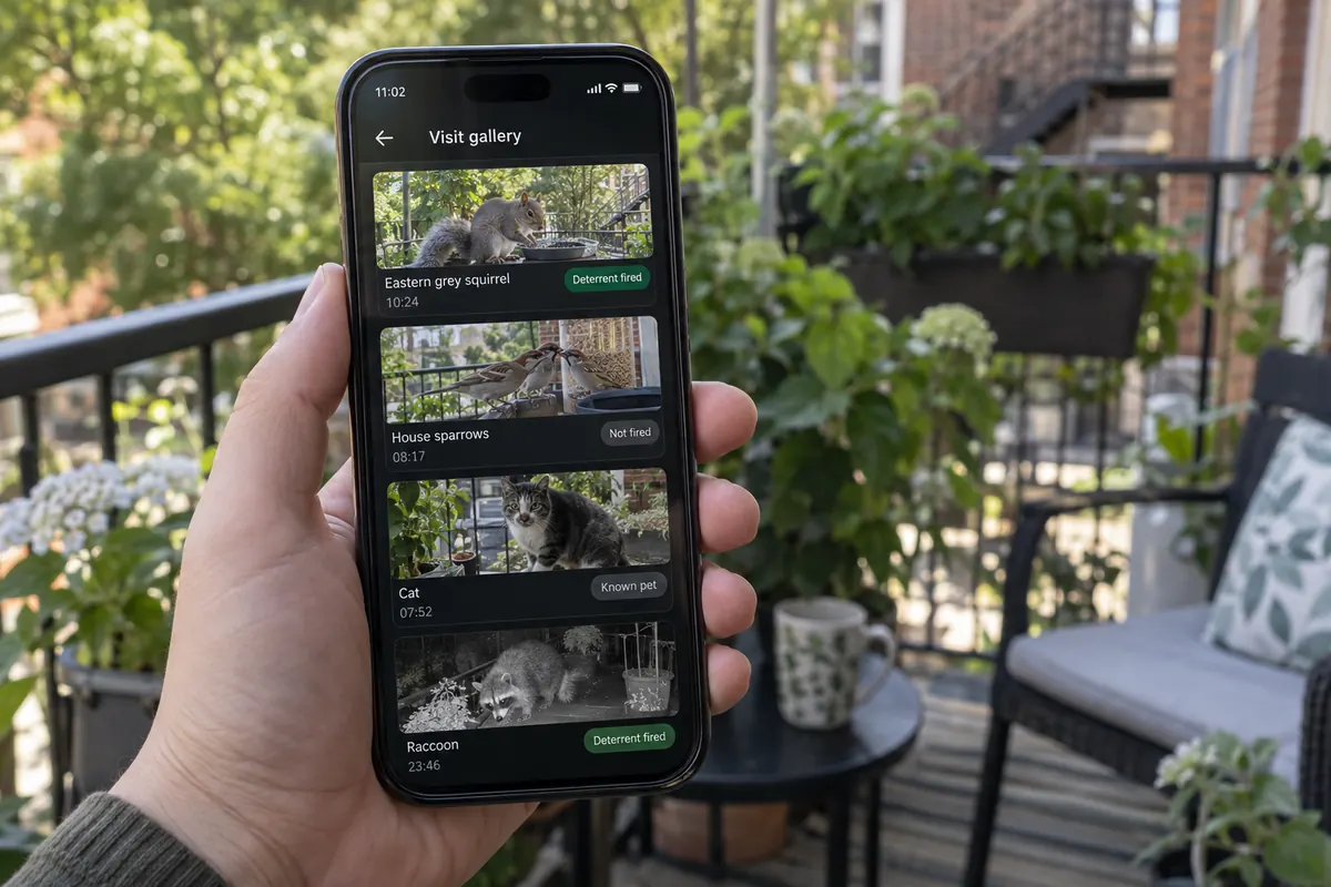 A hand holding a phone showing the BalconyPatrol visit gallery: a squirrel deterred, sparrows let through, the owner&rsquo;s cat marked as a known pet, a raccoon deterred