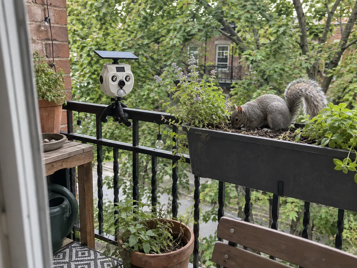 BalconyPatrol fixé à la rampe d’un balcon, face à une jardinière où creuse un écureuil gris