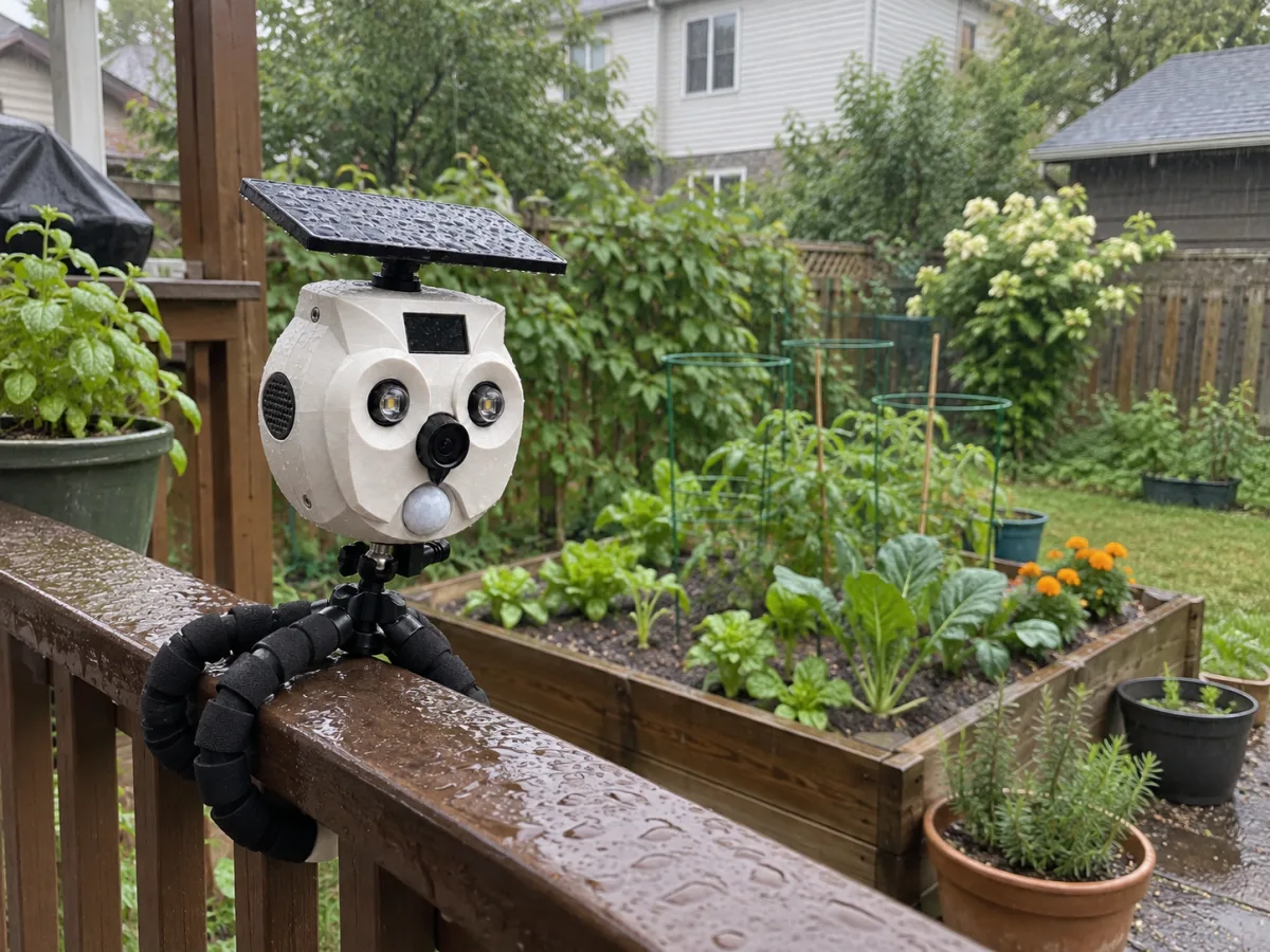 BalconyPatrol sur une rambarde en bois mouillée par la pluie, face à un potager surélevé dans une cour
