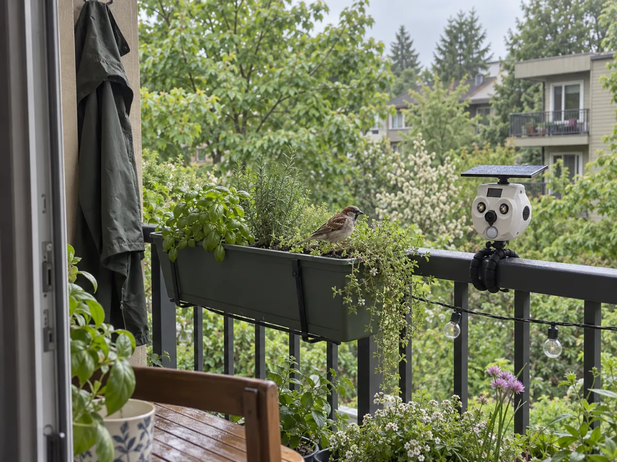 BalconyPatrol mounted on a balcony railing while a sparrow feeds in the planter it is pointed at