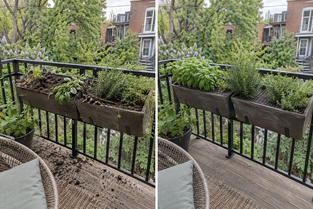 Les mêmes jardinières de balcon photographiées à quelques semaines d’intervalle : retournées et terre répandue à gauche, intactes et garnies avec un grillage sur la terre à droite