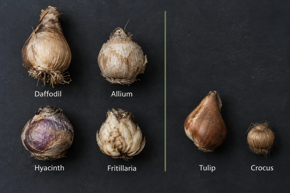 Bulbes de jardin sur fond sombre en deux groupes étiquetés : jonquille, ail d’ornement, jacinthe et fritillaire d’un côté, tulipe et crocus de l’autre