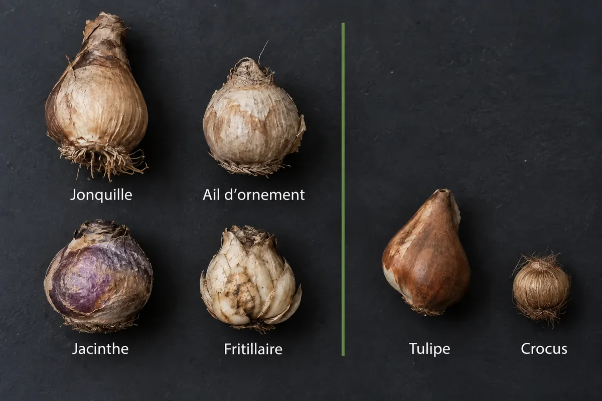 Bulbes de jardin sur fond sombre en deux groupes étiquetés : jonquille, ail d’ornement, jacinthe et fritillaire d’un côté, tulipe et crocus de l’autre