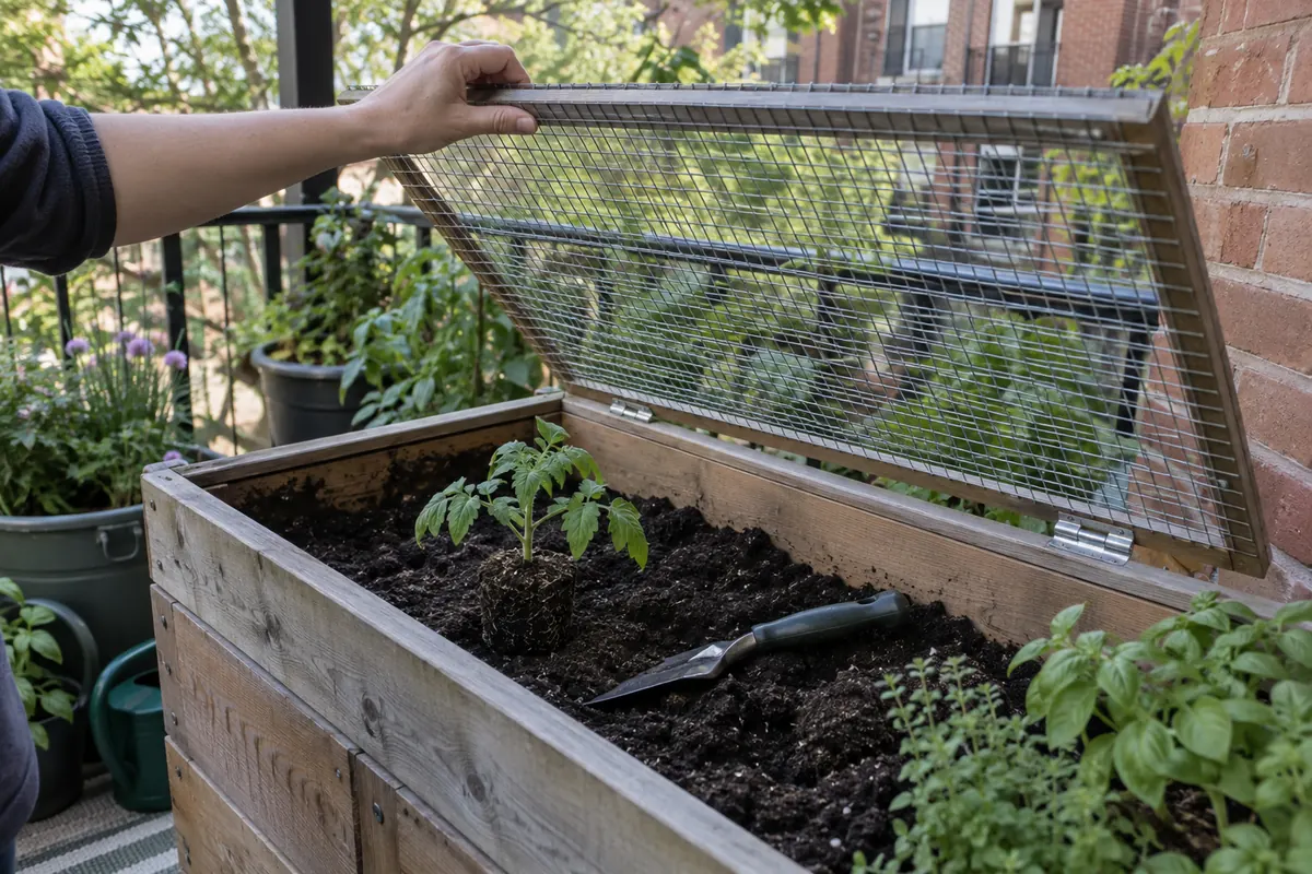 Une main soulève un couvercle grillagé à charnière d’un bac surélevé pour planter un plant de tomate, truelle posée dans la terre