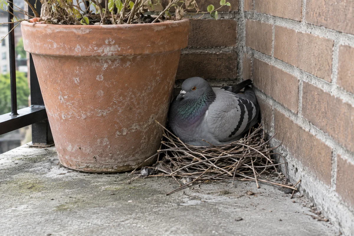 A rock pigeon sitting in a loose twig nest behind a terracotta planter in a sheltered balcony corner.