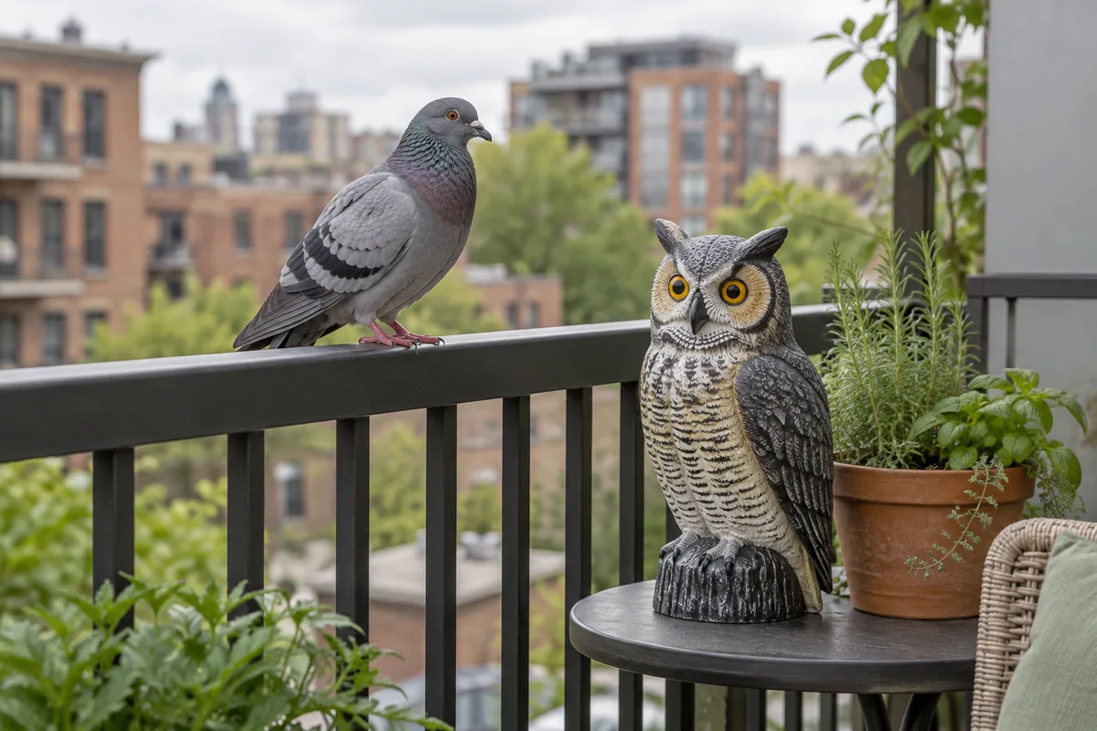 Illustration d’un pigeon près d’un faux hibou en plastique sur un balcon