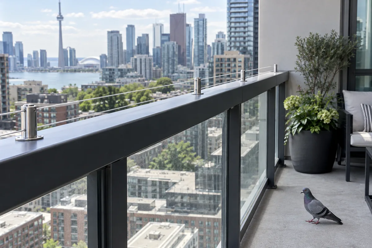 Un fil fin tendu sur des supports quelques centimètres au-dessus de la rampe d’un balcon, un pigeon au sol en dessous