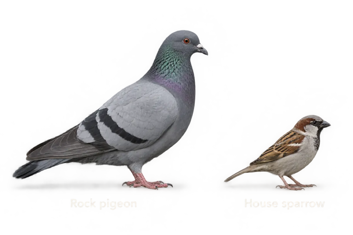 Un pigeon biset et un moineau domestique côte à côte à la même échelle sur fond sombre, chacun étiqueté