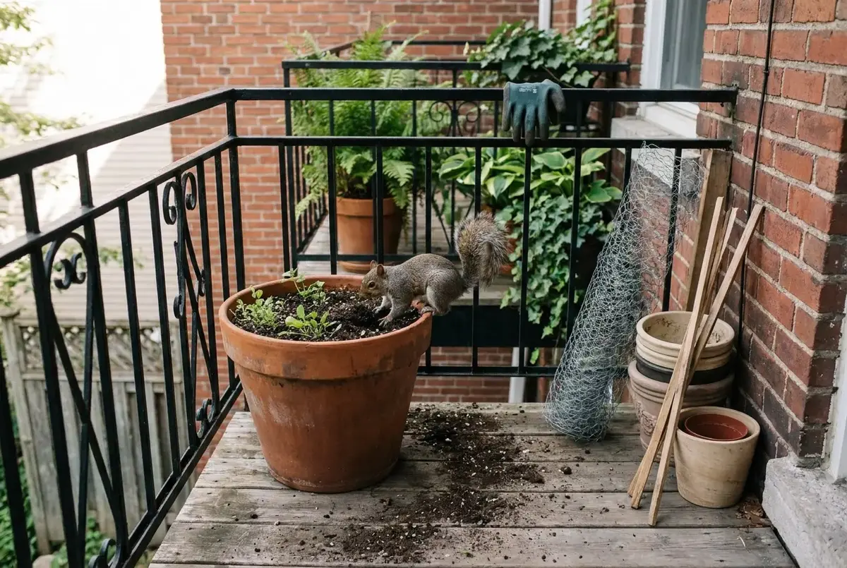 Grey squirrel on the rim of a terracotta pot with a roll of galvanised chicken wire leaning against the wall behind