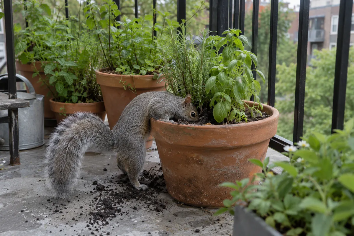 Écureuil gris qui creuse dans un pot de basilic et de romarin sur un balcon urbain, terre répandue sur le sol