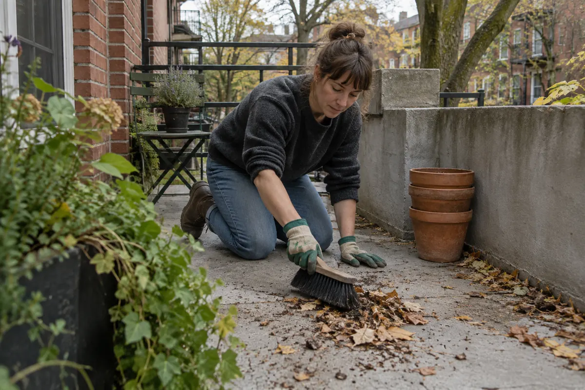 Une personne agenouillée, en gants de travail, balaie des feuilles et des débris sur le sol d’un balcon, des pots vides empilés à côté