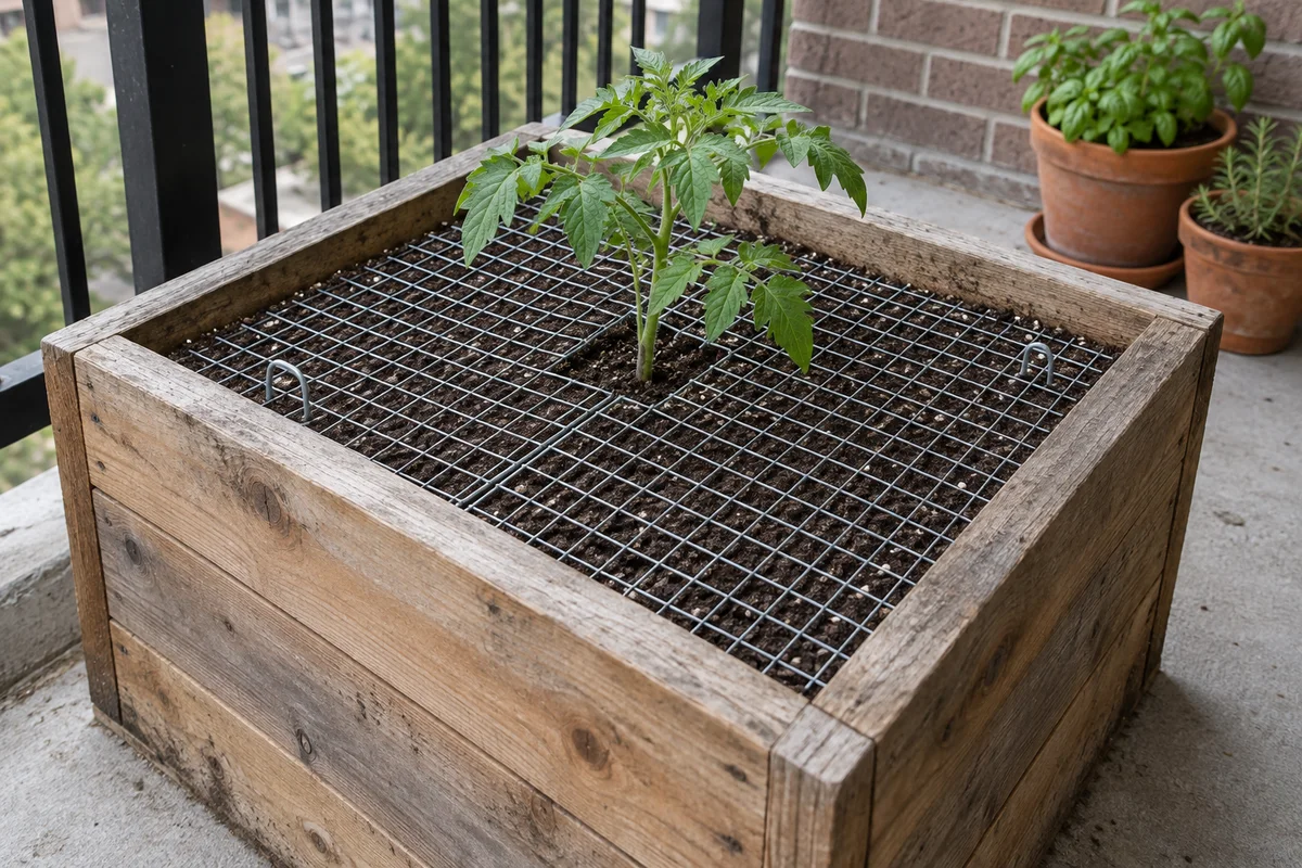 Un grillage fixé sur la terre d’une jardinière en bois, avec une ouverture autour d’un plant de tomate sur un balcon.